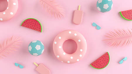 Creative Summer beach party concept on pastel pink background. 3D Illustration of ice cream, ball,...