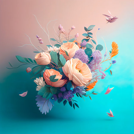 Illustration of colorful, pastel, fresh, Spring flowers flying minimal bouquet. Creative floral concept on pastel background. Flower bouquet. Illustration, Generative AI.の素材