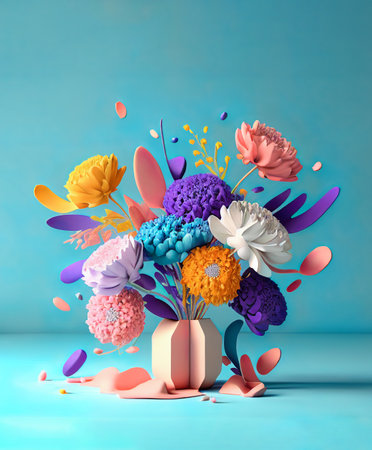 Illustration of colorful, pastel, fresh, Spring flowers in a vase on a table. Creative floral concept on blue background. Illustration, Generative AI.の素材
