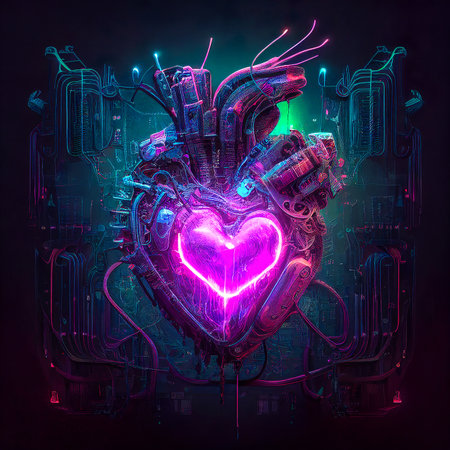 Cyber neon light colors futuristic modern heart, a machine has a heart, computer love. Cyberpunk dark background. Illustration, Generative AI.の素材