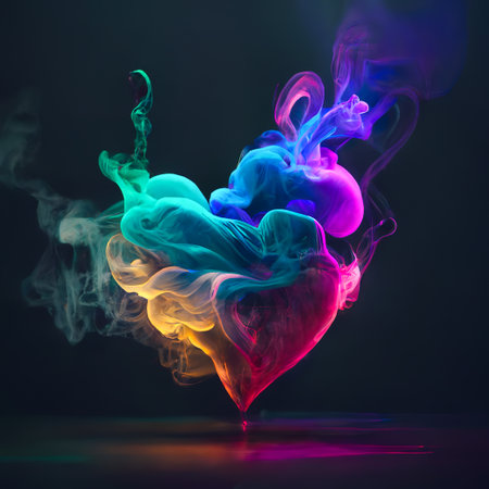 Cyber ââneon colors, futuristic smoke and fog heart on dark background. Cyberpunk Valentine's Day. Minimal love concept. Illustration, Generative AI.の素材