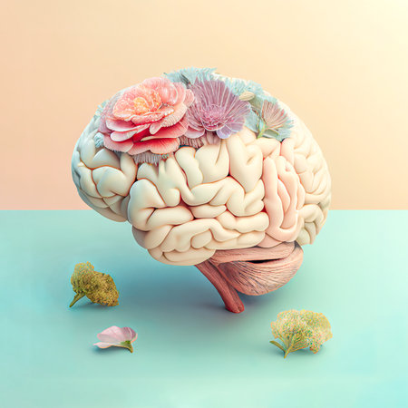 Abstract realistic illustrated pastel colorful brain made of fresh Spring flowers. Decorative human heart. Soft pastel blue minimal background. Generative AI.の素材