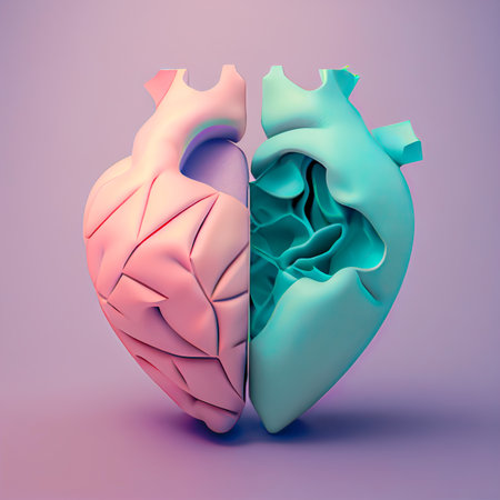 Creative love concept of a love heart that is half pink half blue. Valentine's Day pastel background. Illustration, Generative AI.の素材