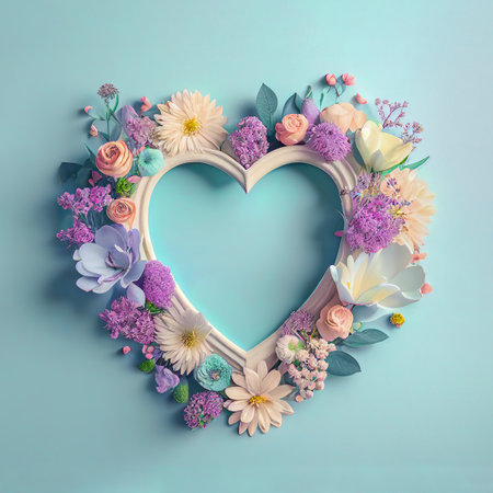 Creative Spring frame in heart shape made of fresh pastel flowers and leaves. Copy space. Soft pastel background, flat lay. Floral love decoration. Illustration, Generative AI.の素材