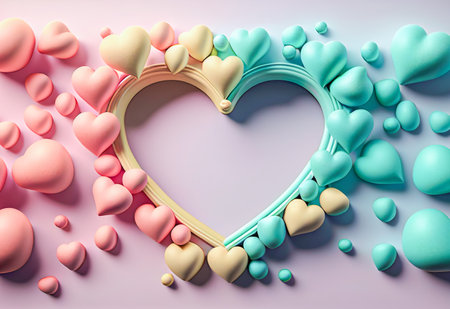 Love creative Valentine's Day flat lay frame heart shaped balloons. Pastel colors balloons as a gift on soft purple background. Illustration. Generative AI.の素材