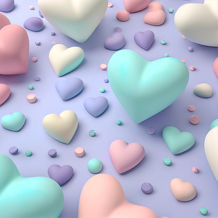 Love creative Valentine's Day flat lay heart shaped balloons. Pastel colors balloons as a gift on soft purple background. Illustration. Generative AI.の素材