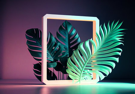 Cyberpunk minimal futuristic podium and product pedestal with neon retro square frame. Cyber purple lights, tropical palm leaves. 3D Illustration. Generative AI.の素材
