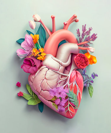 Abstract realistic illustrated pastel colorful love heart made of fresh Spring flowers. Decorative human heart. Soft pastel blue minimal background. Generative AI.の素材