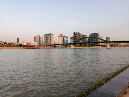 view of the Sava river and the Belgrade waterfront settlementの写真素材