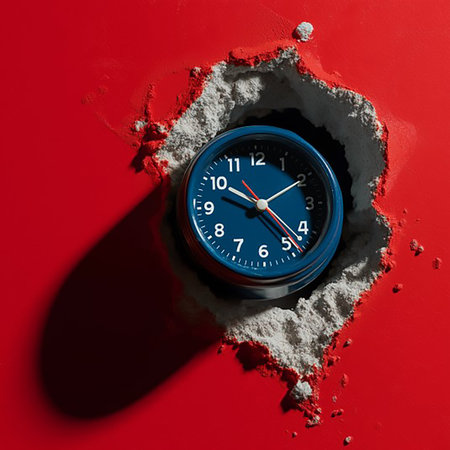 Alarm clock in the hole on a red background. Time conceptの素材