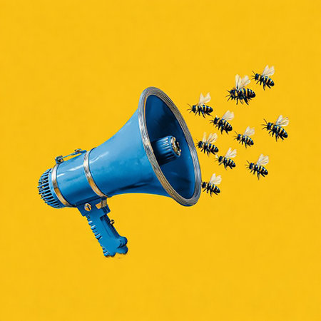 Blue megaphone with bees flying out of it on yellow backgroundの素材