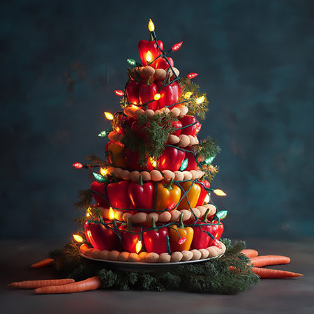 Christmas tree made of red and yellow bell peppers and candles on dark backgroundの素材