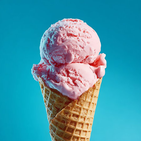 Pink ice cream in a waffle cone on a blue background.の素材