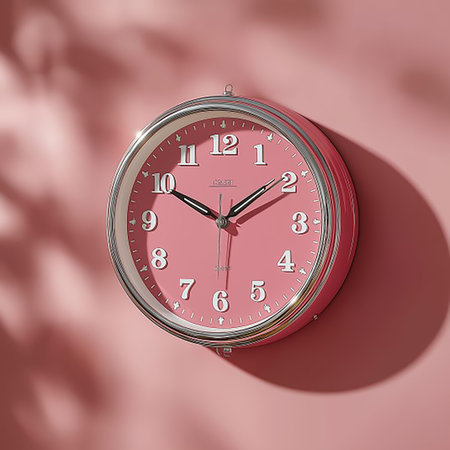 3d rendering of a red wall clock on a pink background.の素材