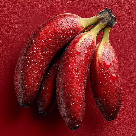 Bunch of ripe red bananas with water drops on a red backgroundの素材