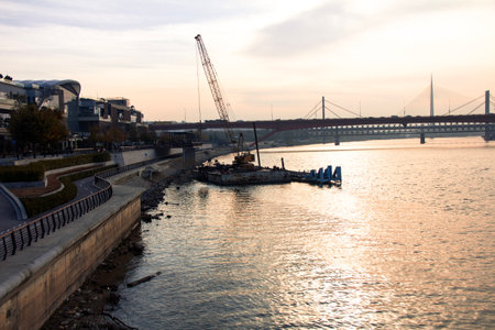 Bridge over the Sava river in KBelgrade Serbia, at sunsetの写真素材