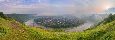 Panorama of the Dniester river canyon. Top view of the city Zalischyky. Ukraine, Europe.の写真素材