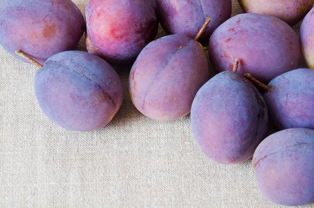 Closeup of blue plums on burlapの写真素材