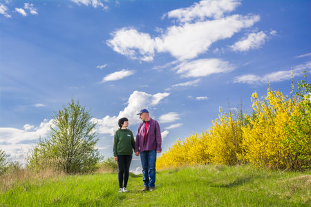 <p>A man and a woman, holding hands and looking at each other, walk along a path in a blooming spring garden</p>の写真素材