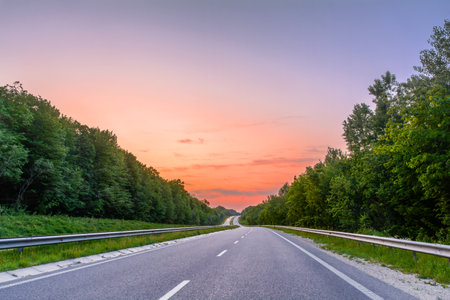 Highway in the middle of the forest belt at sunsetの写真素材