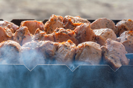 Cooking barbecue on the grill with smokeの写真素材