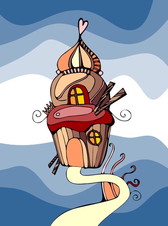 Illustration of sweet cupcake house on blue background.のイラスト素材