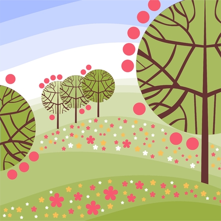 Stylized summer landscape with flowers and trees.のイラスト素材