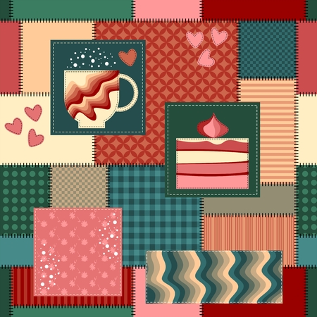 Seamless background pattern. Patchwork with cup, cake, flowers, hearts and waves.のイラスト素材