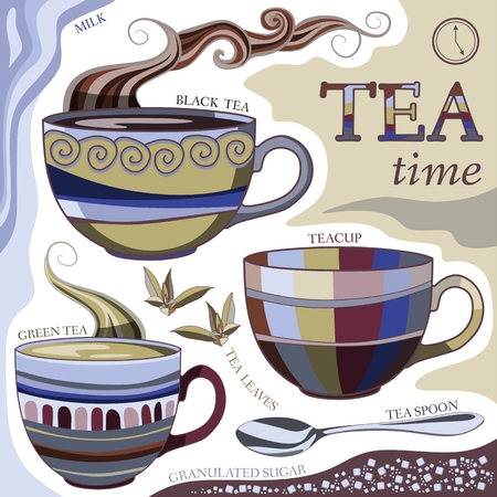 Tea time. Vector illustration with cups of aromatic tea, tea spoon, tea leaves, milk and sugar.のイラスト素材