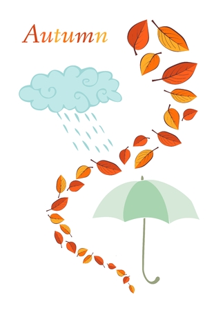 Autumnal card. Blue cloud, green umbrella and colorful leaves on white background.のイラスト素材