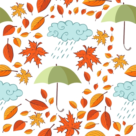 Seamless pattern with autumn leaves, umbrellas and clouds on white backgroundのイラスト素材