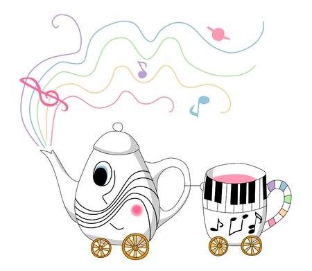 Musical teapot and cup train. Cute vector illustration.のイラスト素材
