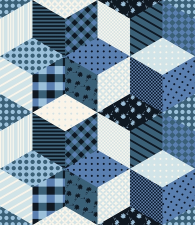Winter seamless patchwork pattern with stars from patches. New year background. Vector illustration of quilt in blue tones.のイラスト素材
