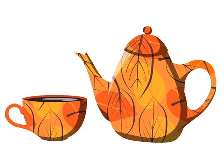 Beautiful autumn teapot and cup with orange leavesのイラスト素材