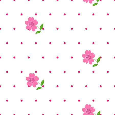 Beautiful seamless pattern with roses and pink dots on white background. Elegant vector illustration for textile, fabrics, prints, wrapping paper, covers, backgrounds.. Endless texture with flowers.のイラスト素材