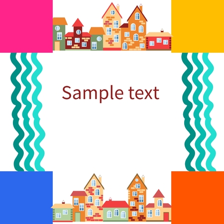 Bright frame with houses and rivers. Place for your text. Vector illustration.のイラスト素材