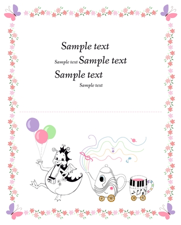 Beautiful card with happy dragon with balloons and musical teapot and cup. Frame with pink flowers. Place for text. Vector illustration.のイラスト素材