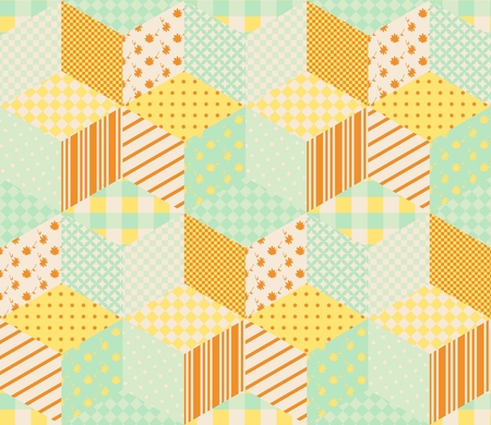 Seamless patchwork pattern with patches in pastel orange and green tones. Quilt with orange and yellow stars on green background.のイラスト素材