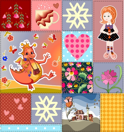 Childish seamless patchwork pattern with fairy dragon, princess and castle. Colorful patches with teacup, flowers and hearts. Cute vector illustration of quilt.のイラスト素材