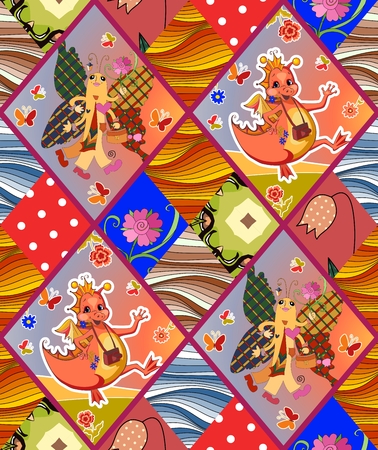 Childish seamless patchwork pattern with fairy dragons, butterflies, flowers and waves. Cute vector illustration of quilt.のイラスト素材