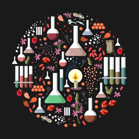 Set of fantasy alchemy elements on black background. Round card. Vector illustration.のイラスト素材