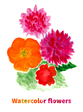 Summer bouquet of colorful flowers. Hand drawn watercolor floral illustration.の写真素材