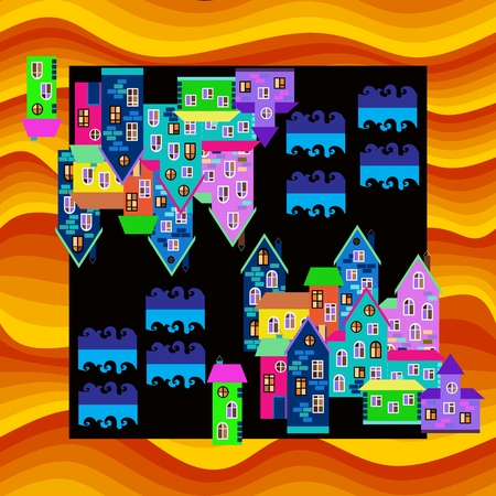 Bright colorful bandana print or silk neck scarf. Card with town in desert. Mirage. illustration.のイラスト素材