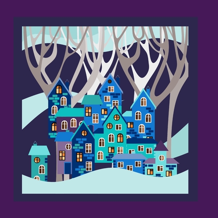 Winter. Bandana print or kerchief square pattern design style for print on fabric. Card with night town in snowdrifts. illustration.のイラスト素材