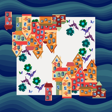 City by the sea. Silk neck scarf or bandana print. Kerchief square pattern design style for print on fabric. illustration with bright houses and flowers on marine background.のイラスト素材