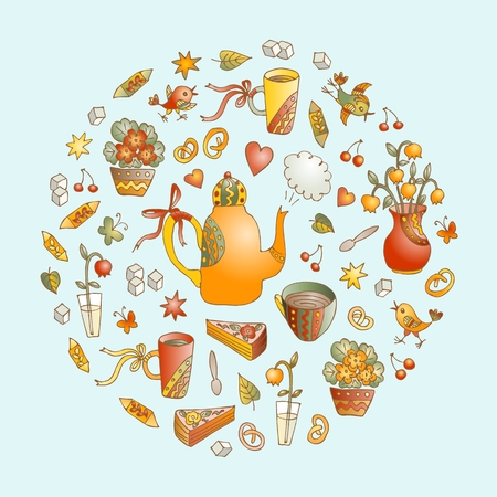 Vector tea time illustration. Beautiful round shape made of cute hand drawn elements for tea party - teapots, cups, sweets, flowers and birds. Card with circle made of sweet doodles.のイラスト素材