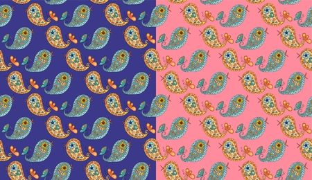 Seamless pattern with ornament of cute paisley birds. Vector illustration.のイラスト素材