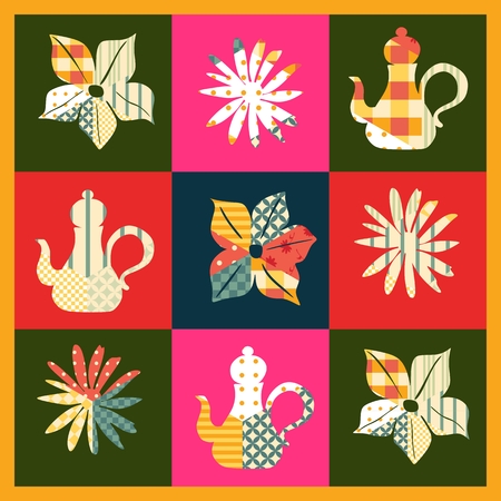 Beautiful patchwork pattern with teapots and flowers. Cute card with quilt design. Vector illustration.のイラスト素材