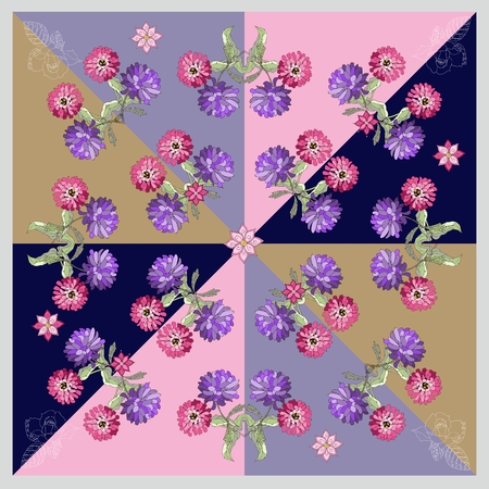 Beautiful bandana print or silk neck scarf with hand drawn flowers. Kerchief square pattern design style for print on fabric. Vector illustrationのイラスト素材
