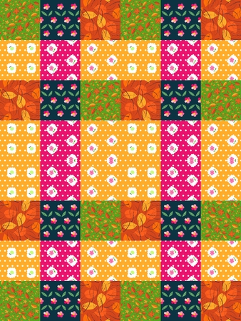 Seamless patchwork pattern from bright colorful patches with leaves and flowers. Vector illustration. Quilting design background.のイラスト素材